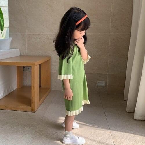 New Summer Girls Dresses Kids Girls Loose Knitting Holiday Party Dress With Lace Kids Casual Daily Clothes Dresses