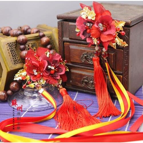Cloth Flower Aesthetic Bride Hair Accessories with Tassel Ribbon Wedding Hair Pins cos Hanfu Hair Accessories Hair Jewelry