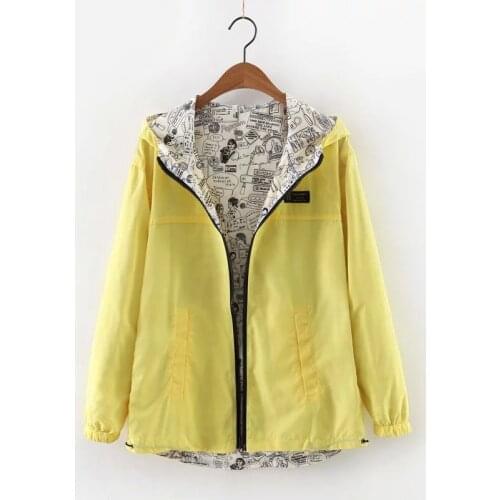 2021 New Women Two Side Wear Windbreaker Jackets Spring Autumn Hooded Zipper Loose Cartoon Print Outwear Female Coat