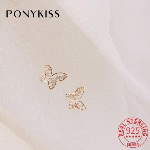 PONYKISS Trendy 925 Sterling Silver Butterfly Zircon 14K Gold Stud Earrings For Women Lovely Fine Jewlry Gift Drop Shipping
