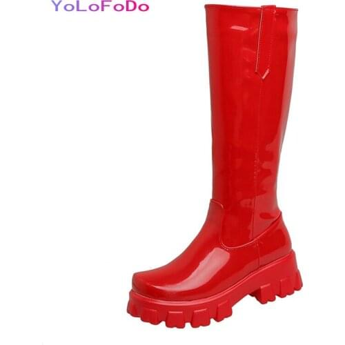 Black Red White Women Knee High Boots Patent PU Leather Big Name Brand Same Style Calf Boots Platform Square Heel Womans Boots