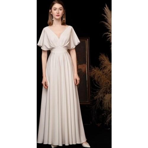 2021 Simple New Style Elegant V-Neck Backless Flare Half Sleeve Vintage Satin Bride Dress Wedding Gown Свадебн плат