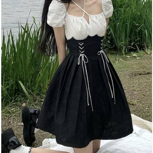 COOLFEL Gothic Black Maid Dress Kawaii Short Puff Sleeve Bandage Lolita Outfit Cosplay Costume For Women