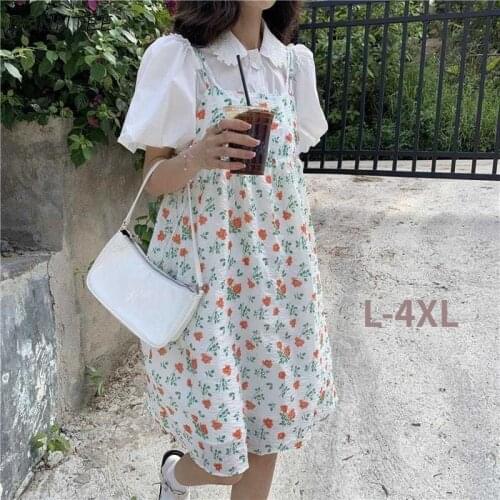 Dress Sets Women Loose Floral Sweet Kawaii Students Mujer Summer Puff Sleeve Vintage Fashion Outfit Romantic Vestido Ins College