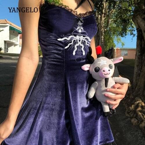 Yangelo Gothic Embroidered Lace Korean Velvet Sling Dress Women High Waist Sexy Purple Mini Dress Summer Fall Retro Clothes Girl