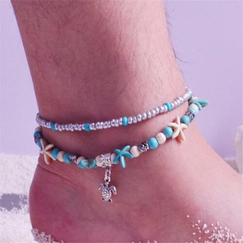 2-layer Bracelet Bohemian Ankle Bracelet Adjustable chain foot beach Bracelet shell rice beads starfish retro chain