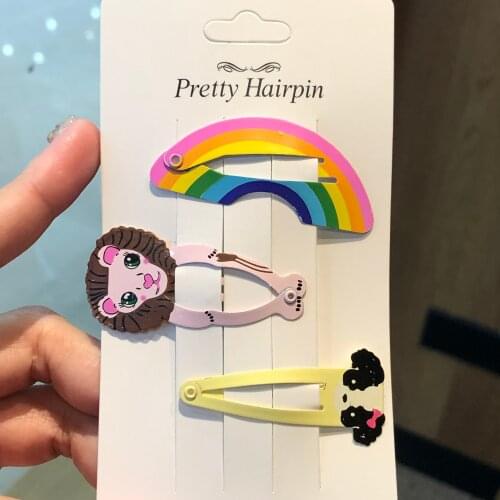 3Pcs/set Cartoon Animal Rainbow Lion Fruit Hair Clip BB Hairpin Mermaid Girls Headwear Metal Print Barrette For Birthday Gift