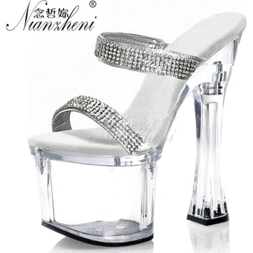 7 Inches Party 18cm Super Platform High Stripper Heeled Pole Dance Shoes Clear Sexy Fetish Womens Slippers Rhinestone Models New