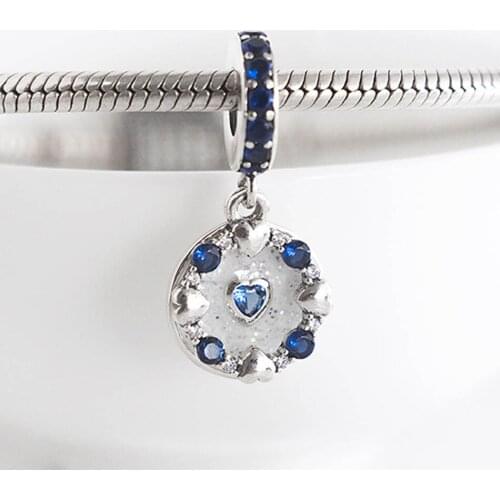 Authentic S925 Bead Blue CZ Heart Charm fit Lady Bracelet Bangle DIY Jewelry
