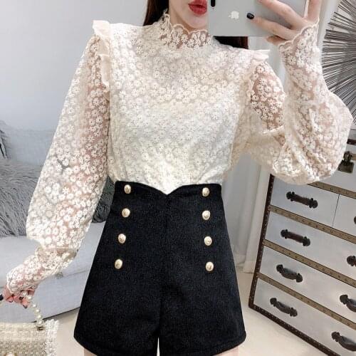 Spring Autumn Women Long Sleeve Bottoming Blouse Sweet Floral Embroidery Lace Shirt Female Ruffles Mesh Blouses Short Tops A1775
