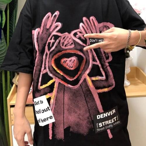 Hip-hop Harajuku oversized unisex tops tees casual loose New Korean Ulzzang Summer bf cotton cartoon graffiti female T-shirt