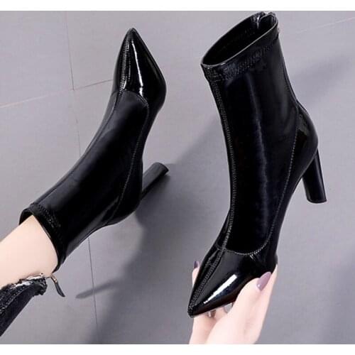 Japanned Leather chelsea boots women shoes shiny stiletto high heels booties female designer pointed toe zipper mid-calf botas