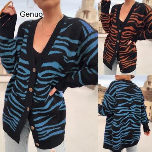Knitted Long Sleeve Zebra Pattern Women Cardigan V Neck Single Breasted Female Knitwear Coats Autumn Winter Soft Ladies Sweaters