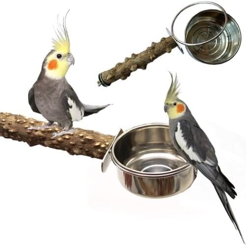 Parrot Bird Cage Perch Natural Wooden Stand Stick with Stainless Steel Food Dishes Bowl Feeder Cup for Parakeet