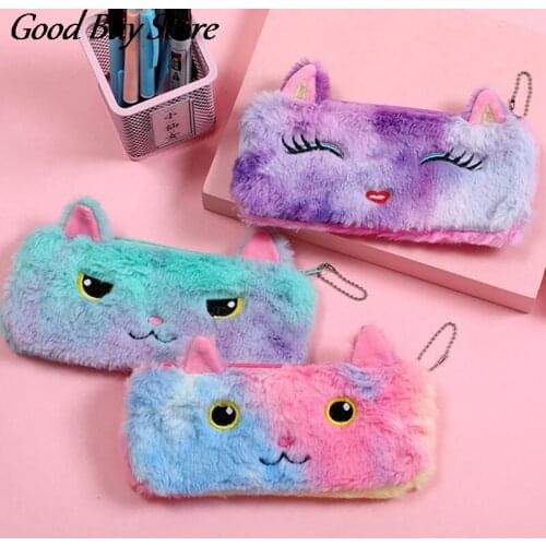 Cute Cat Makeup Pouch Eyebrow Pencil Pen Holder Toiletries Brush Storage Bags Colorful Plush Soft Washing Purse Cosmetic Bag