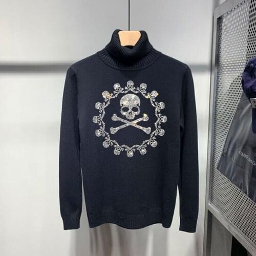 New Arrival Cashmere Fall/Winter Turtleneck Mens Slim Fit Sweatshirt, Hot Diamond Skull Pattern Sweater