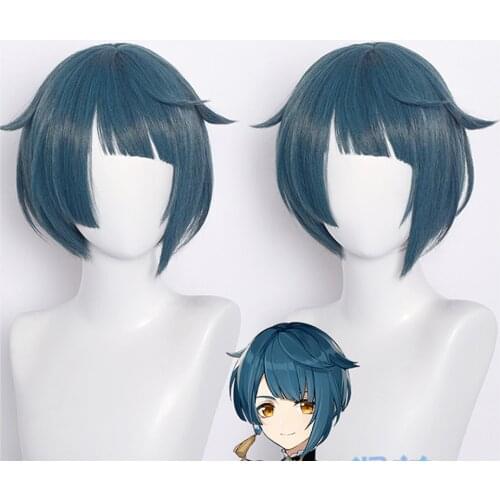 Genshin Impact Xingqiu Wigs Xing Qiu Short Blue Heat Resistant Synthetic Hair Cosplay Wig + Wig Cap