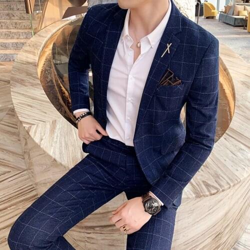 Jacket+Pants)2021 New Mens Slim Fit Button Suit Dress Blazer Host Show Mens Formal plaid Blazer wedding dress Plus Size S-3XL