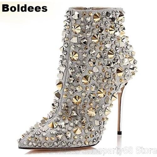 Sexy Stiletto Heeled Pointed Toe Luxury Crystal Rivets Woman Ankle Boots Ladies High Heels Winter Booties
