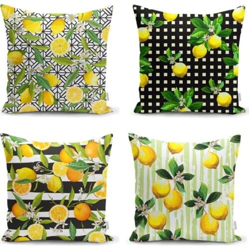 Lemon Print Decorative 4'lü Cushion Pillow Decorate Case Set High Quality Stylish Home Garden Room Kitchen Gift Useful Colorful