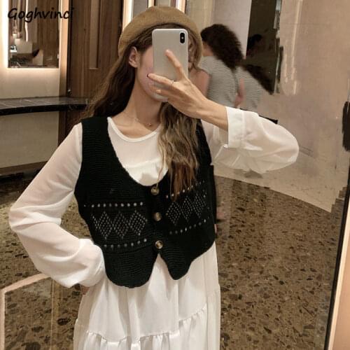 Knitted Vests Womens V-Neck Sweaters Solid Hollow Out Crop Tops All-match Various Colors Kroean Sleeveless Outwear Chic Female