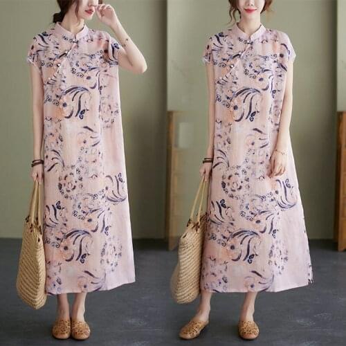 Retro Ethnic Style Literature Summer Plus Size Ramie Improved Cheongsam Tea Dress Printing Over The Knee Long Women Qipao zh1436