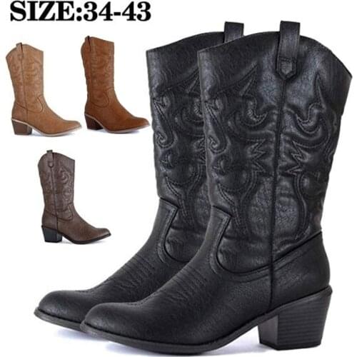 Womens Cowboy Boots Bottine Femme Vintage Pointed Toe Mid Calf Boots Square Heels Knee High Slip on Booties Botas De Mujer