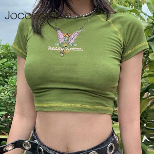 Jocoo Jolee Women Summer Casual Butterfly Graphic and Letter Printing Crop Tops Y2K Vintage Grunge Style Skinny Navel T-Shirts