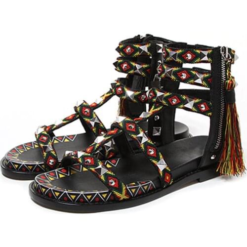 MUMANI Woman‘s 2021 New Gladiator Sandals Flat with Rivet Fringe Platform Ethnic Flats Shoes Gingham Roman Sandals Lady Footwear
