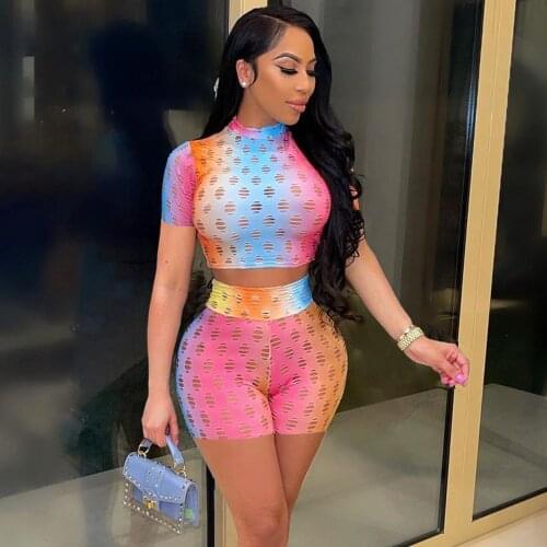 Women Set Hole Gradient Short Sleeve O-Neck Tie Dye Crop Tops Strechy Shorts Two Piece Set Active Tracksuit Sporty Summer Outfit