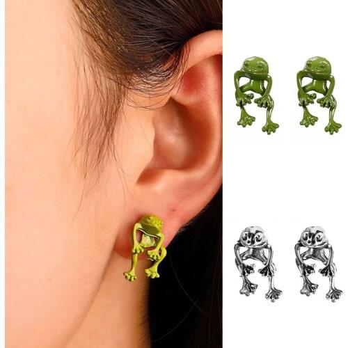 2021 Vintage Frog Unusual Stud Earrings for Women Silver Color Geometric Green Funny Animal Woman Earring Cool Cute Hallowe Gift