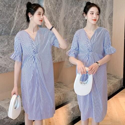 8083# Maternity Clothes Summer Cotton Short Sleeve Loose Stylish Striped Dress for Pregnant Women Pregnancy Clothes