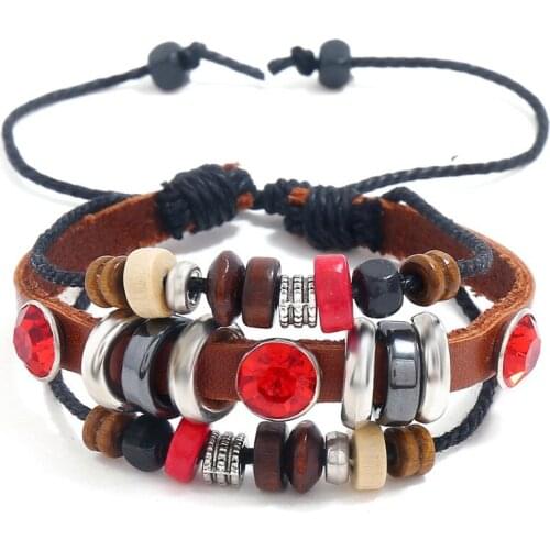 Fashion Women Crystal Bracelet Vintage Multi-layer Leather Red Rhinestone Beads Charm Bangle Adjustable Wristbands Girls Jewelry