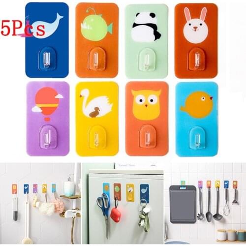 5Pcs Creative Cute Cartoon Animal Hook Free Punch Simple Wall Hooks Home Decorative Wall Decor Hair Clips Hanger Storage Rack