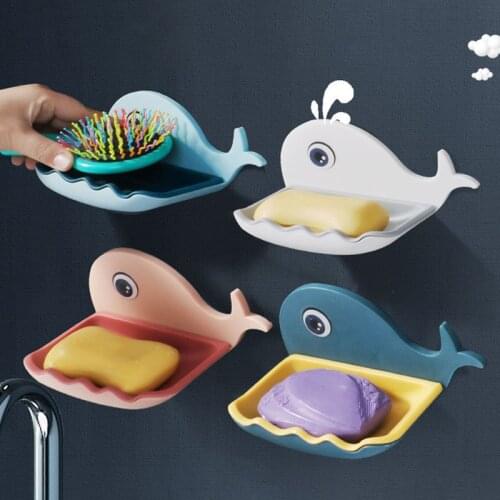 Cute Whale Shape Soap Box Suction Cup Wall Mount Soap Dishes Drainage Toilet Free Punching Storage Rack Box Bathroom Tools