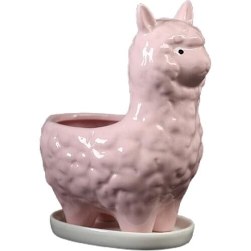 Cute Llama Succulent Planter Pot with Drainage Tray, White Ceramic Cactus/Flower Container, Animal Alpaca Bonsai Holder