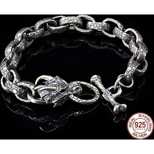 100% Real 925 sterling silver mens bracelet punk hip hop cool trend Thai silver bracelet dragon head male pure silver bracelet