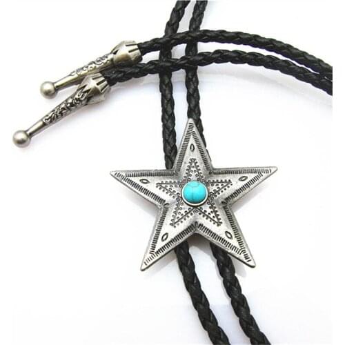 Bolo Tie New Retro Shirt Chain Blue stone Pentagram Poirot Collar Leather Necklace Long Tie Pendant