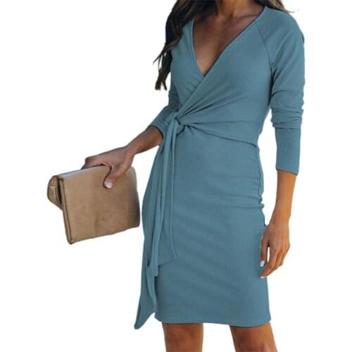 Autumn Elegant Women Dress Ribbing Deep V Neck Spring Solid Color Long Sleeve Lace-up Party Dress for Office Ladies Streetwear