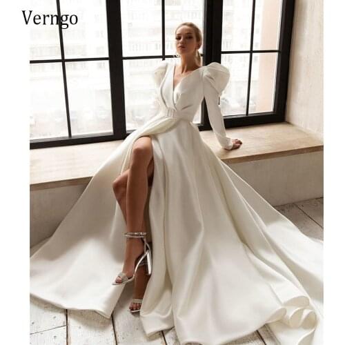 Verngo Simple Elegant Satin Wedding Dress 2021 Long Sleeves Draped V Neck Bridal Dresses With Sash Slit Formal Gowns Outfit