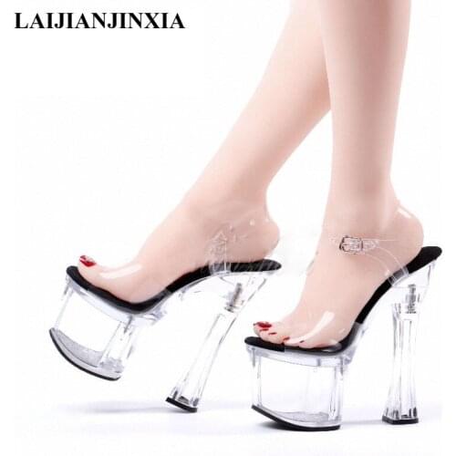 LAIJIANJINXIA Clear Crystal Sandals Concise Elegant 18 cm Super High Heeled Shoes Platform Nightclub Pole dancing Shoes