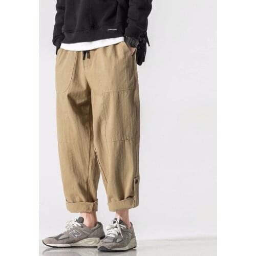Wide Pants Japanese Men Harajuku Streetwear 100% Cotton Harem Pants Gray Khaki Solid Color Casual Trousers