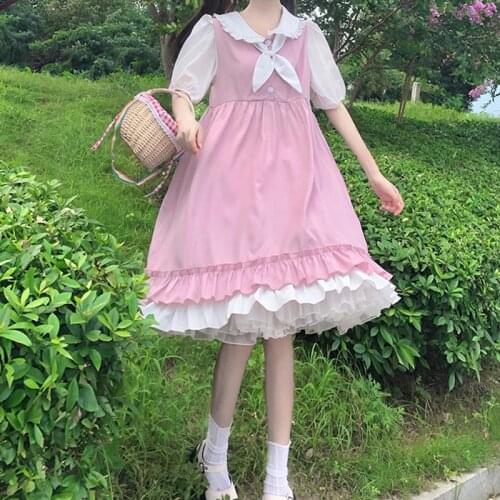 Student Loose Dress Female Summer 2020 New Style Fresh Slightly Sweet Cute Stitching Sailor Collar Skirt fairy Lolita dress