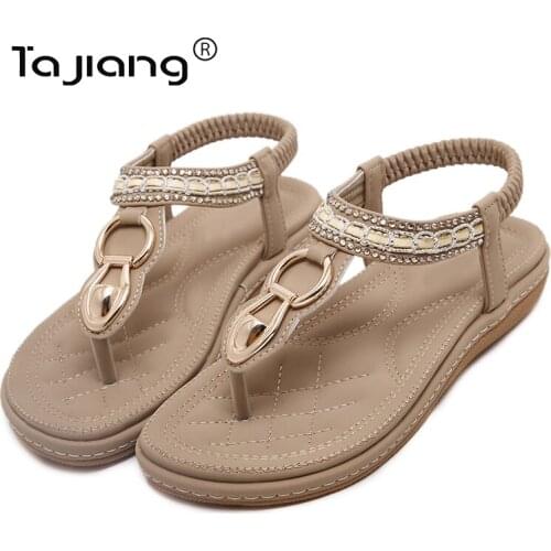 Ta Jiang Authentic New European and American ladies metal crystal sandals summer gladiator sandals beach flat sandals T26-8