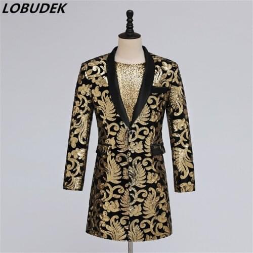 Evening Party Singer Host Gold Sequins Embroidery Long Coat Suit Jackets Nightclub Bar Concert Punk Formal Blazer Plus Size 3XL