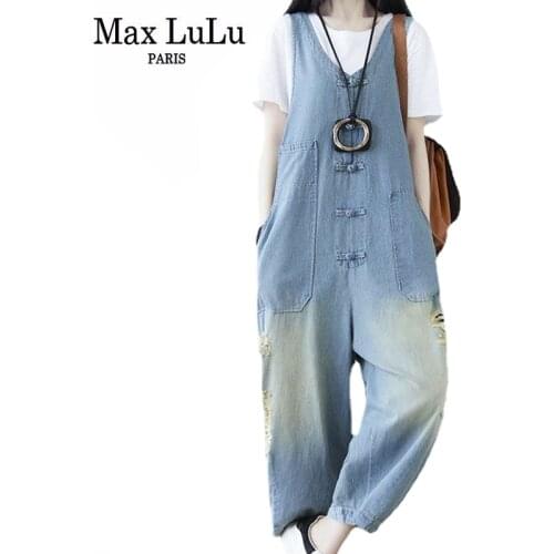 Max LuLu Summer European 2021 Summer Jumpsuits Women Denim Ripped Rompers Ladies V-Neck Loose Overalls Vintage Wide Leg Jeans