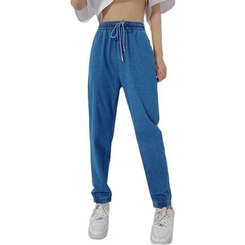 Spring Summer Jeans Women High-Waist Vintage Loose Thin Denim Trousers Ladies Drawstring Cotton Heal Slim Pencil Pants Female