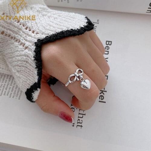 XIYANIKE 925 Sterling Silver Hollow Out Bow Love Heart Pendant Handmade Rings for Women Hot-Sale Trendy Cute Jewelry Adjustable