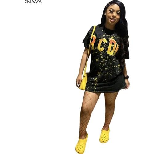 CM.YAYA Letter ABCD Print Womens Dress Fashion O-neck Short Sleeve T-shirt Streetwear Dresses Plus Size S-4XL