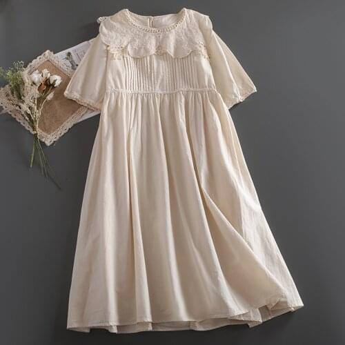2021 New Summer Women Lace Collar Dress Japan Style Mori Girl Cotton and linen Loose Organ Pleats A-line Short Sleeve Dresses